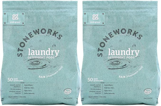Grab Green Stoneworks Laundry Detergent Pods, 100 Count, Fragrance Free Rain Scent, Plant and Mineral Based, Cleans Deeply, Eliminates Odors, Fights S