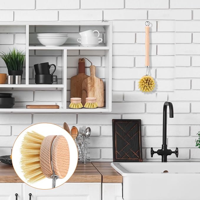 Boao Dish Brush with Beechwood Handle with 5 Replacement Heads Natural Wood Dish Scrub Brush for Washing and Cleaning Pots and Pans