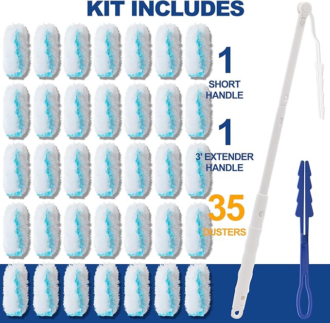 35 Duster Refills for Swiffer, Duster Refills Kit with & 2 Handle for Cleaning Home & Car, Heavy Duty Multi Surface for Office, Blinds, Ceiling Fans, Furniture