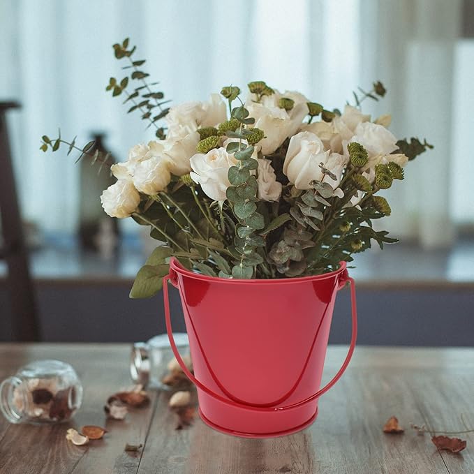 Small Metal Buckets with Handle, 6 Pack 4.3 Inch Colored Galvanized Bucket for Kids,Classroom,Crafts,and Party Favors (Red, 4.3" Top)