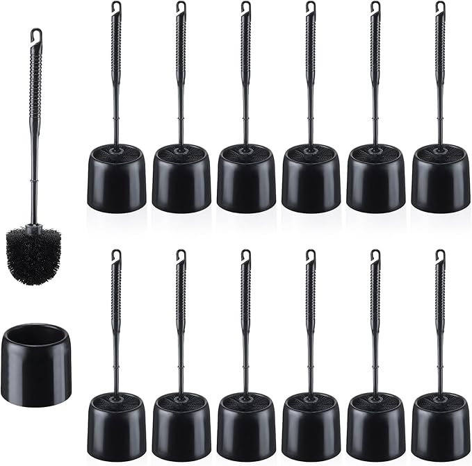 Roshtia 12 Sets Toilet Brush and Holder Set for Bathroom Toilet Bowl Brush Scrubber with Caddy for Deep Cleaning, 14.57 Height (Black)