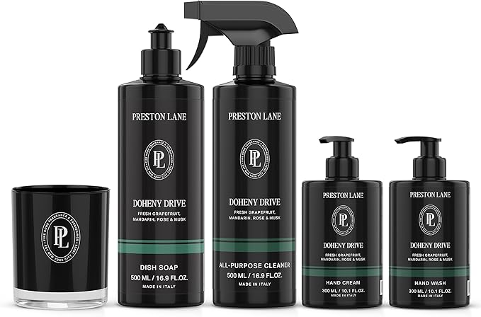 Preston Lane Signature Set, Includes All Purpose Cleaner, Dish Soap, Hand Wash, Hand Cream, & Scented Candle, Doheny Drive