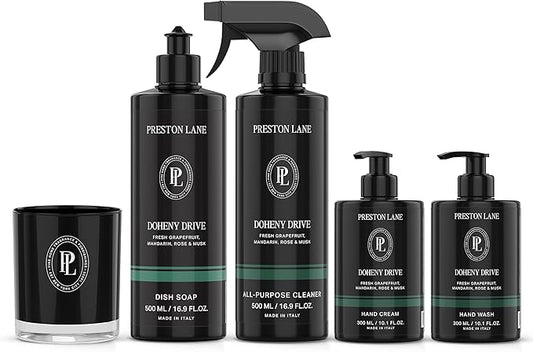 Preston Lane Signature Set, Includes All Purpose Cleaner, Dish Soap, Hand Wash, Hand Cream, & Scented Candle, Doheny Drive