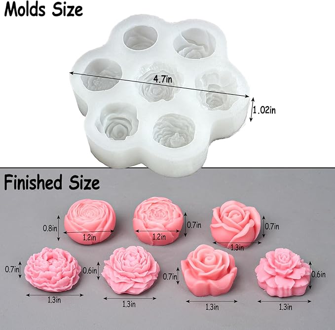 Flower Silicone Candle Molds 7 Holes Peony Rose Valentine's Day Mold for Soap Resin Handmade Cake Dessert Decoration Chocolate Cupcake Candy Ice Mold Resin Concrete Art Crafts Accessories