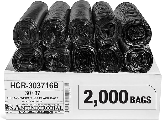 Aluf Plastics High Density Trash Bags, 30 Gallon, 2000 Count, 16 Micron (eq), 30" x 37", Black, for Bathroom, Office, Industrial, Commercial, Janitorial, Municipal, Recycling