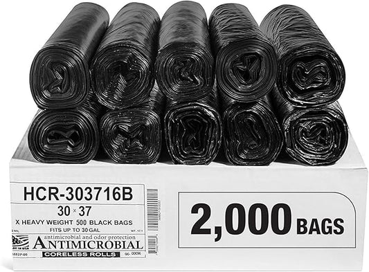 Aluf Plastics High Density Trash Bags, 30 Gallon, 2000 Count, 16 Micron (eq), 30" x 37", Black, for Bathroom, Office, Industrial, Commercial, Janitorial, Municipal, Recycling