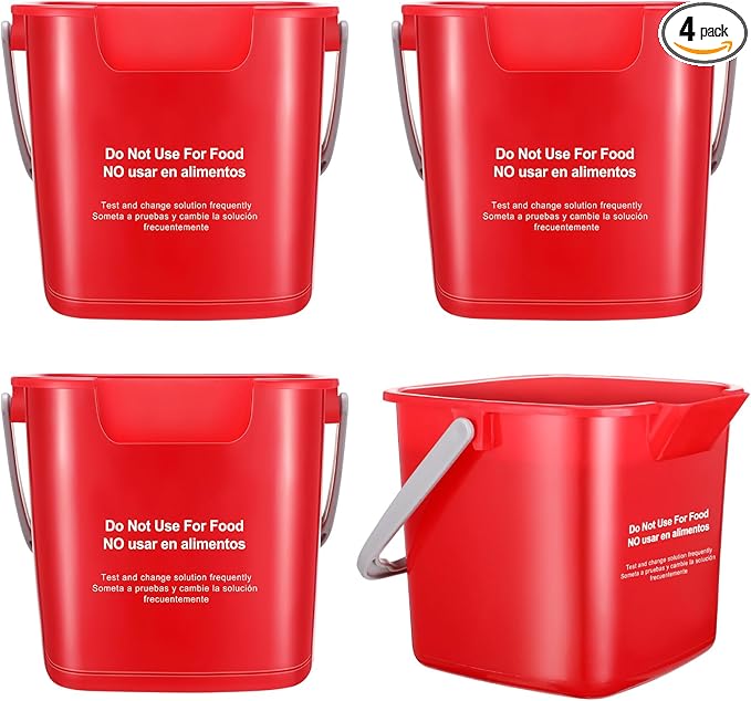 Yaomiao 4 Pcs Cleaning Bucket 3 Quart Small Sanitizing Square Bucket Detergent Pail with Measurements Spout and Handle for Home Commercial Use Restaurant Kitchen Office School (Red)