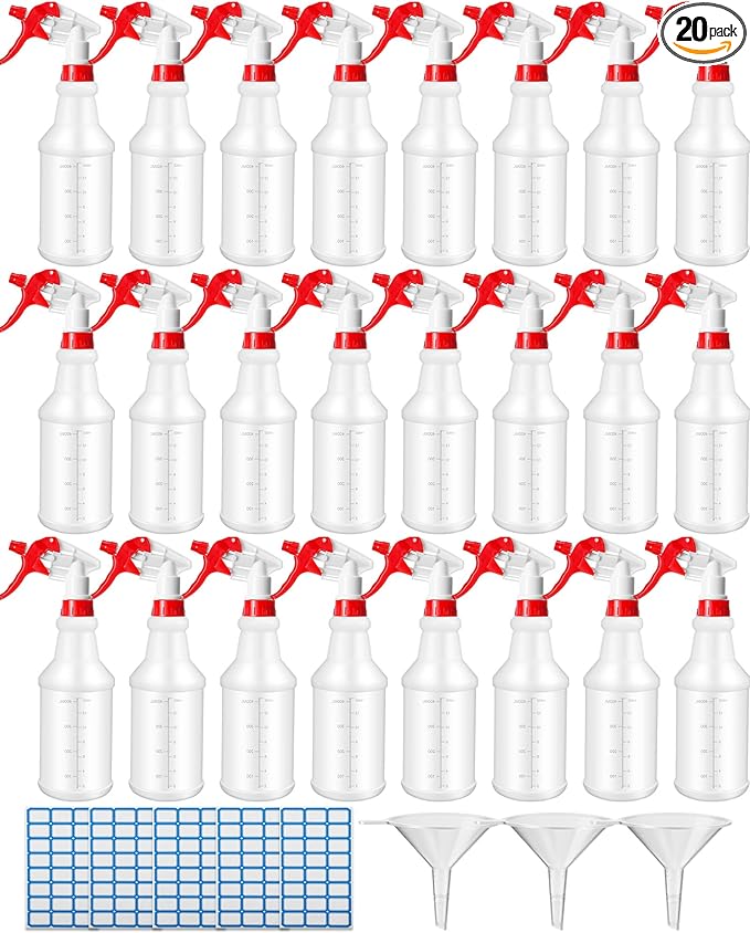 Eccliy 20 Pack 16oz Empty Spray Bottles, Leakproof Cleaning Bottles with Measurement and Adjustable Nozzle for Housekeeping, Commercial Use(Cylinder,Red White Spray Head)