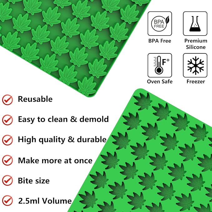 Marijuana Cannabis Hemp Leaf Silicone Molds with 70 Cavities Shaped for Pot Chocolate Candy Gummy, with Baking Scraper