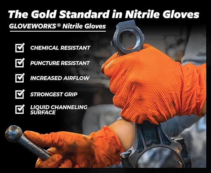 GLOVEWORKS Heavy-Duty Nitrile Gloves, Disposable, Latex Free, 8 Mil, Orange, Diamond Grip Glove