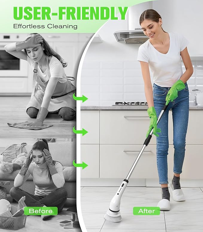 Electric Spin Scrubber for Cleaning, Cordless IPX5 Waterproof Bathroom Shower Scrubber Brushes with 9 Head, 1.5H Power Dual Speed Cleaner with Extendable Handles for Bathtub Floor Kitchen Wall