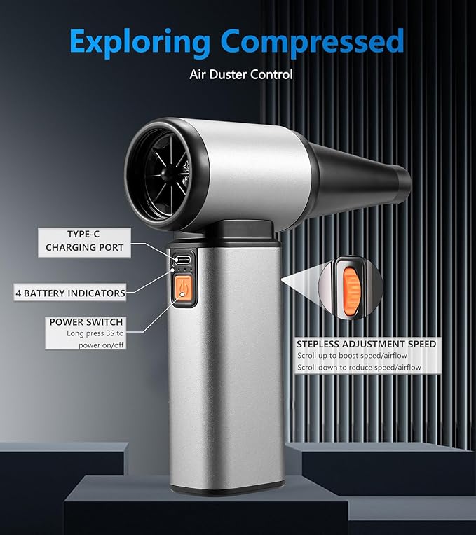 Jiaao 320000RPM Electric Air Duster, Stepless Adjustable Cordless Air Blower with Brushless Motor, 10000mAh Rechargeable Dust Cleaner for Computer/Keyboard/Car/Home/Outdoor, Replace Canned Air