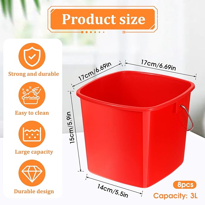 8 Pcs Cleaning Buckets, 3 Quart Square Cleaning Bucket Plastic Small Bucket with Stainless Steel Handle for Restaurant Kitchen Home Offices School