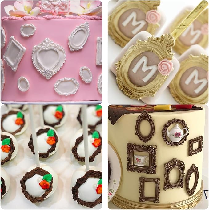 Picture Frame Chocolate Molds, Baroque Vintage Mirror Frame Fondant Molds, Photo Frame Rose Silicone Baking Molds for Cake Decoration Sugar Gum Paste Candy Cookies Resin Clay Set of 3