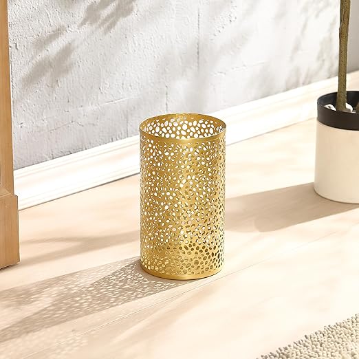 Metal Gold Trash Can, Modern Gold Garbage Can for Office, Cylindrical Metal Waste Basket for Bathroom Bedroom, 7" D x 12" H