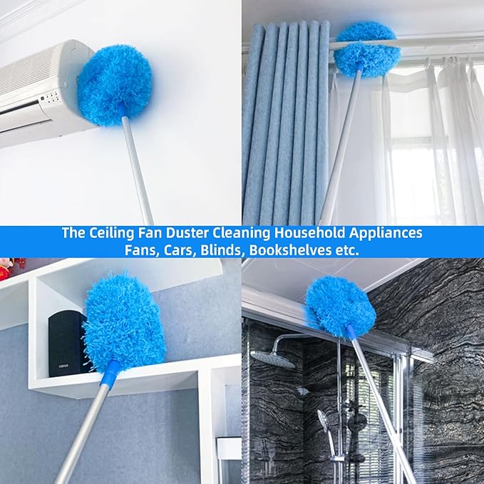 Ceiling Fan Duster Retractable Ceiling Cleaner Reusable Microfiber Ceiling Fan Blade Cleaner Duster with Extension Pole 13 to 50 inch for Furniture Bookshelves Wall Door Blue