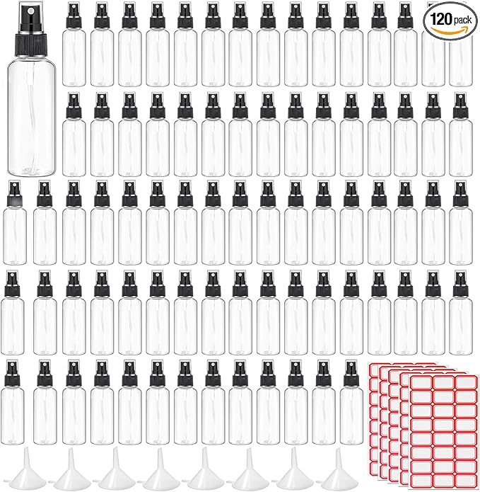 120 Pcs 2 oz Plastic Spray Bottles with Black Cap for Mini Spray Bottles, Clear Empty Fine Mist Liquid Container Refillable Sprayer for Essential Oils, Perfumes, Travel, Makeup