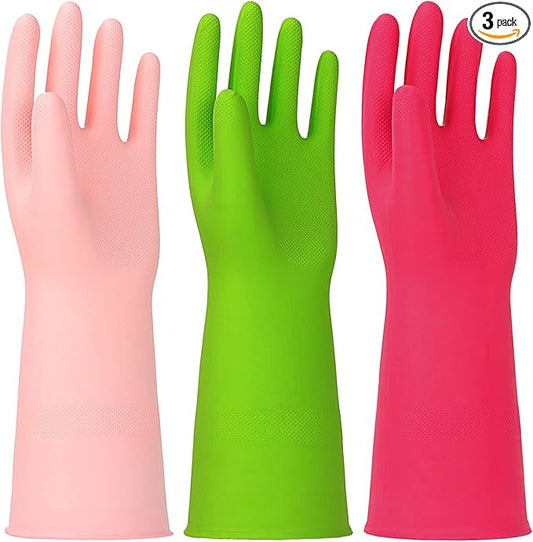 3 Pairs Rubber Cleaning Gloves Latex Free Dishwashing Gloves - 13" Reusable Nitrile Gloves Small, Green+Pink+Red