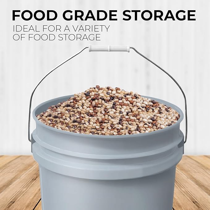 5-Gallon Grey Bucket Pail with Gamma Seal Screw on Airtight Lid, Metal Handles with Plastic Grip for Easy Carrying, Easy Stack and Store, Heavy-Duty 90MIL Extra Durable, Food Grade, BPA Free - 5 Pack