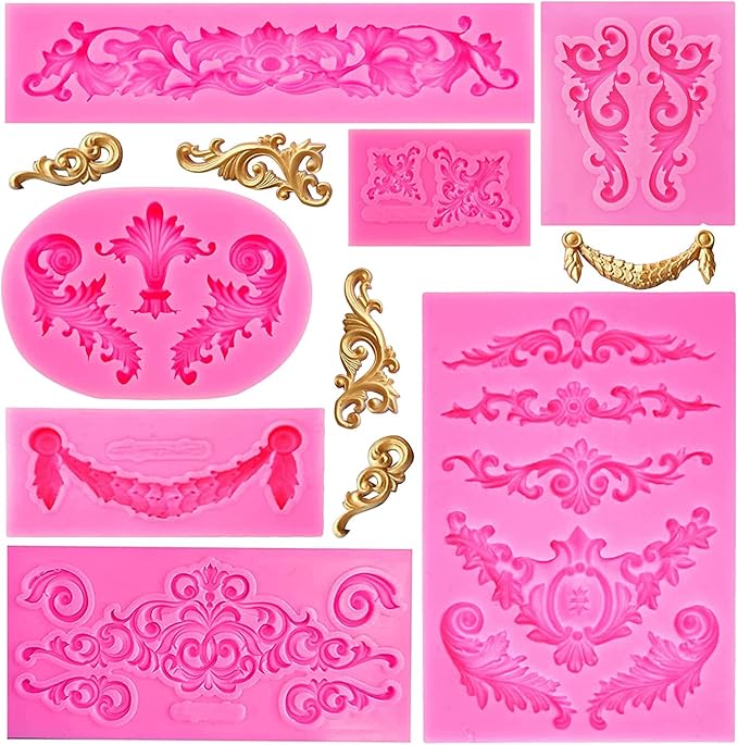 Baroque Style Silicone Molds, Curlicues Scroll Lace Fondant Molds, Vintage Relief Flower Mould Filigree 3D Clay Mold for Gummy Sugar Cookie Pastry Chocolate Mold for Clay Cupcake Topper Decor(7Pcs)