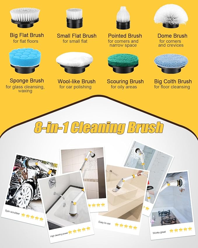 Qimedo Electric Spin Scrubber with Two Batteries Q2 Pro,1500 RPM High Power Electric Scrubber for Cleaning,Shower Cordless Cleaning Brush with Display for Tub/Tile/Floor (Effortless Handle/8 Brushes)