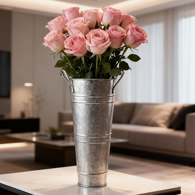 4 Pack 9 Inch Tall Galvanized Flower Bucket, Silver Farmhouse French Flower Bucket with Handle, Small Rustic Buckets Vintage Metal Vases for Flower, Centerpieces, Floral Wedding Arrangements