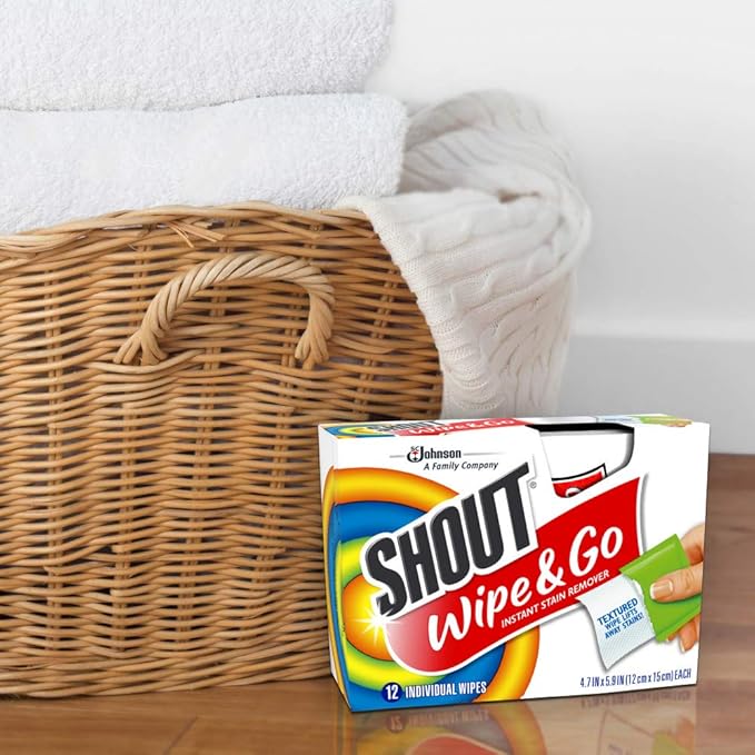 Shout Wipes Stain Remover for Clothes Laundry, Instant Stain Remover and Individually Wrapped, Travel Essentials, Works on Everyday Stains, 12 Wipes per Carton (1 Carton)