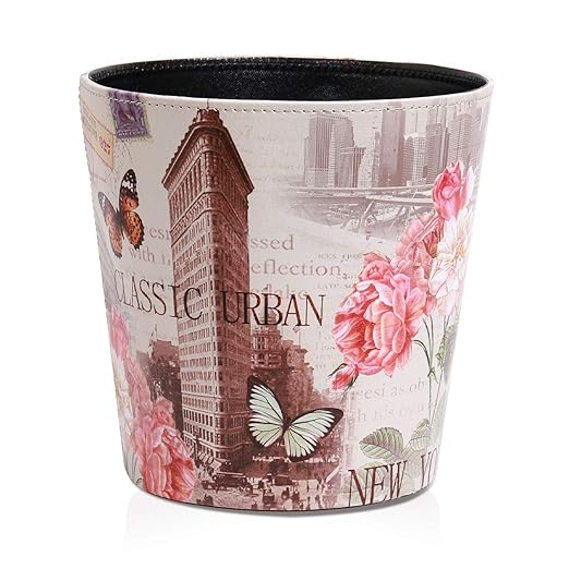 PU Leather Small Trash Can Wastebasket, Round Garbage Container Basket for Bathrooms, Laundry Room, Kitchens, Offices, Kids Rooms, Bedrooms,Dorms,Home Decorative Art Bin, 2.9 Gallon(Classic Urban)