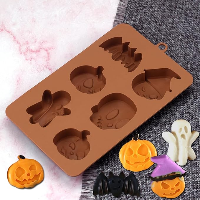 mostsom Chocolate Molds Halloween Chocolate Candy Silicone Mold Ghost Pumpkin Bat Skull Witch Hat Gummy Fondant Baking Mold (A_ 7.28x4.36x0.76 inch)