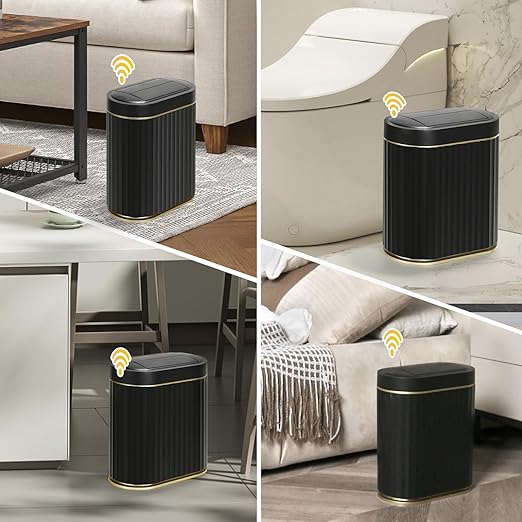 ELPHECO Bathroom Trash Can with Lid Butterfly, Motion Sensor Trash Can Bathroom Decor Automatic Garbage Can Wastebasket Bathroom Accessories, Kitchen, Living Room, Office, Black Gold