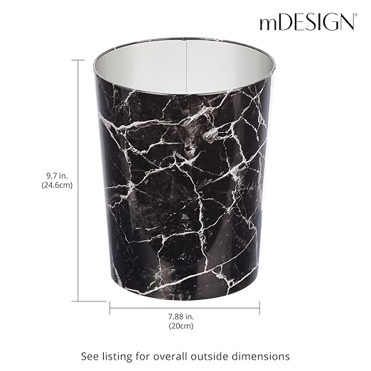 mDesign Round Metal Small 1.7 Gallon Recycle Trash Can Wastebasket, Garbage Container Bin for Bathrooms, Kitchen, Bedroom, Home Office - Durable Stainless Steel - Mirri Collection - Black Marble