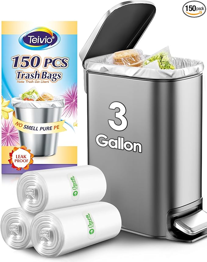 Teivio 3 Gallon 150 Counts Strong Trash Bags Garbage Bags, Bathroom Trash Can Bin Liners, Small Plastic Bags for Home Office Kitchen Kitchen, Clear