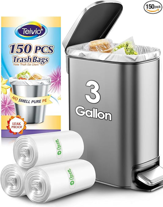 Teivio 3 Gallon 150 Counts Strong Trash Bags Garbage Bags, Bathroom Trash Can Bin Liners, Small Plastic Bags for Home Office Kitchen Kitchen, Clear