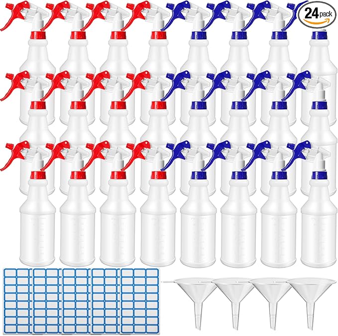 Zubebe 24 Pack 32 oz Plastic Spray Bottle Bulk Empty Leakproof Heavy Duty Spray Bottles for Cleaning Supplies Mist Bottles with Label and Adjustable Nozzle for Plant(Red, Blue,Clear Scale)
