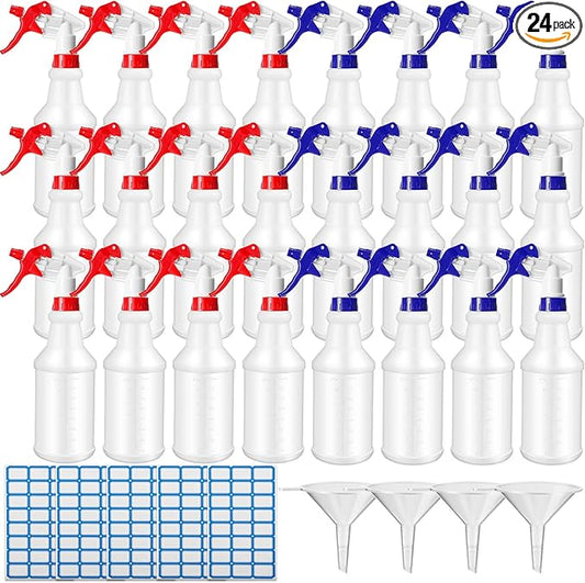 Zubebe 24 Pack 32 oz Plastic Spray Bottle Bulk Empty Leakproof Heavy Duty Spray Bottles for Cleaning Supplies Mist Bottles with Label and Adjustable Nozzle for Plant(Red, Blue,Clear Scale)