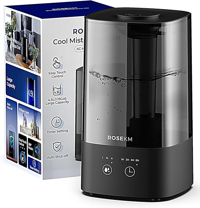 4.5L Humidifiers for Bedroom, Humidifiers for Home Large Room, Cool Mist Humidfiers for Baby and Plant with Timer, Adjustable Mist Level, 360° Nozzle, Auto Shut-Off, Black