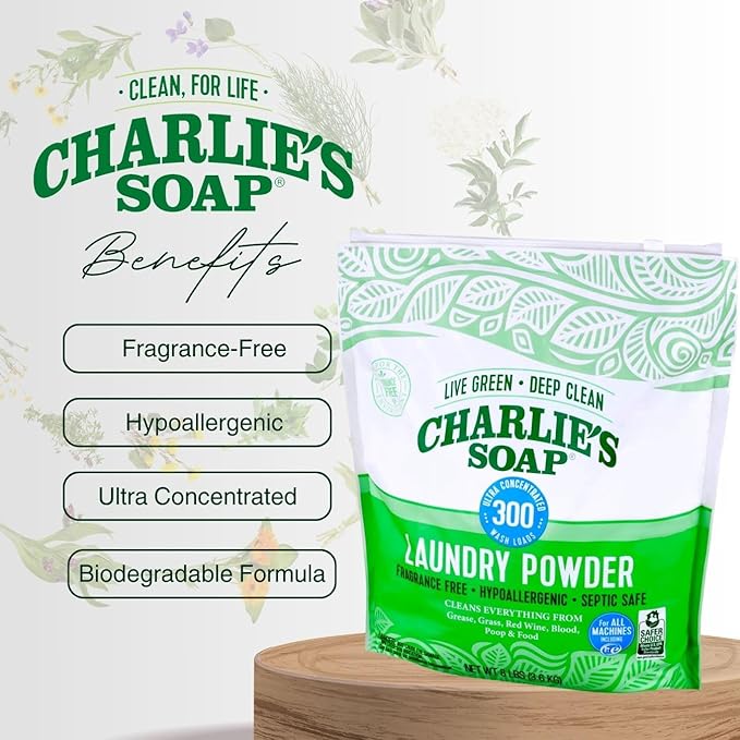 Charlie’s Soap Laundry Powder (300 Loads, 4 Pack) Fragrance Free Hypoallergenic Plant Based Deep Cleaning Laundry Powder – Biodegradable Eco Friendly Sustainable Laundry Detergent