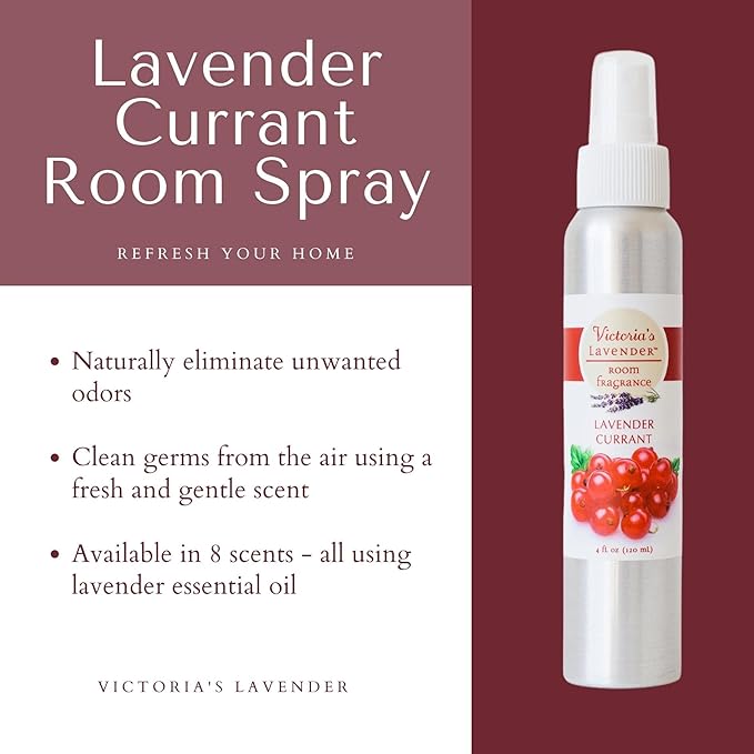 Victoria's Lavender Room Spray - All Natural Home Made in the USA, Essential Oil Concentrated Room Fragrance, Air Freshener, Bathroom Odor Eliminator, Lavender Currant 1 Pack (4 Fl Oz)