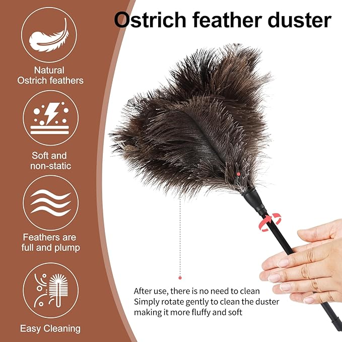 Ostrich Feather Duster-14.9 Inch Mini Natural Feathers Dusters with Plastic Handle Reusable Handheld for Cleaning Supplies Home Car Office(2pcs)