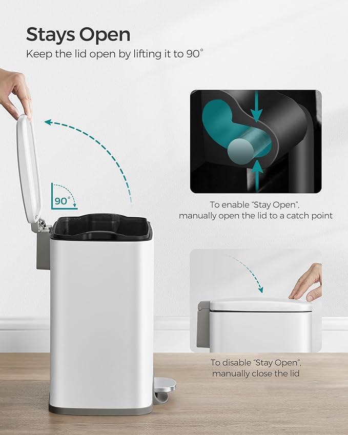 SONGMICS Trash Can, Garbage Can with Lid, 5.2-Gallon (20L) Step Trash Bin for Kitchen, Stainless Steel, Soft Close and Stays Open, Inner Bucket, Includes 15 Trash Bags, White ULTB543W01