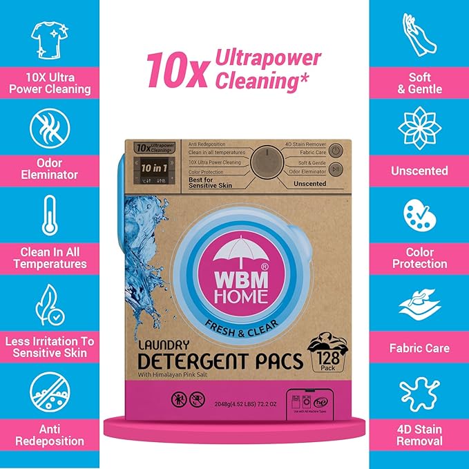 WBM Laundry Detergent Pods, 128 Count | Fresh & Clear Unscented | Laundry Pods 10x Ultrapower Cleaning With Color Protection and Eco-Friendly Packaging