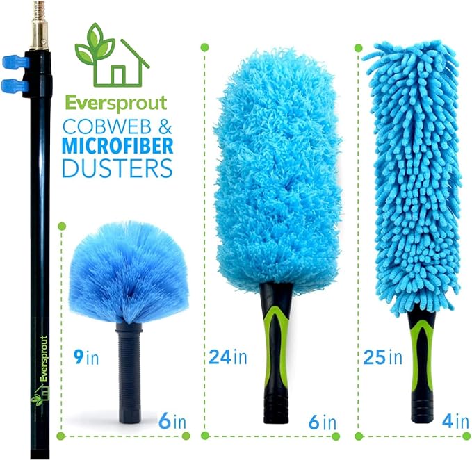 EVERSPROUT 1.5-to-3 Ft Duster 3-Pack with Extension-Pole (8-10 Ft Standing Reach) | Hand-Packaged Cobweb Duster, Microfiber Feather Duster, Flexible Microfiber for Ceiling & Fan | Telescopic Pole