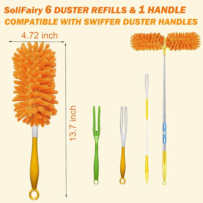 Duster Refill for Swiffer Duster, Reusable Duster Refill Compatible with Swiffer Hand Duster, 360° Heavy Duty Washable Microfiber Dusters for Cleaning, 6 Pack & 1 Handle, Orange