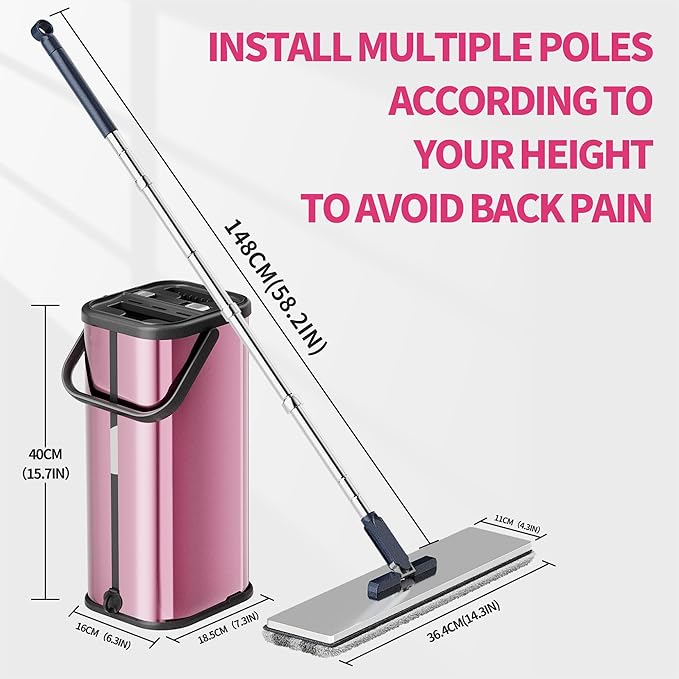 Flat Mop and Bucket for Home with Extra Refills, Stainless Steel Mop and Bucket with Wringer, Hands-Free Mop, Wet and Dry Use Mop with Long Handle (Purple)