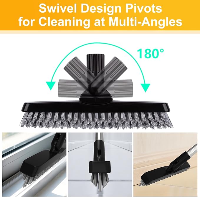 ITTAHO 2 Pack Grout Brush with Long Handle, Swivel Cleaning Grout Line Scrubber - Extendable Durable Handle Grout Cleaner Brush for Bathroom,Tile,Baseboard,Walk in Shower,Corner & Narrow Space (Black)