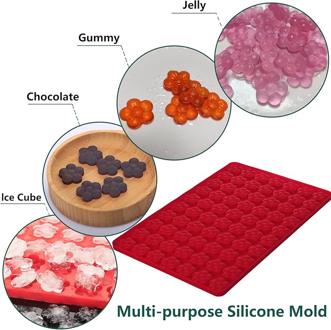 Flower Silicone Mold, Small Plum Blossom Shaped Flower Molds with 70 Cavities for Making Chocolate/Candy/Gummy/Cookie/Jelly/Ice Cube/Edible Flowers for Cake Decorating, Wintersweet Mold, with Scraper