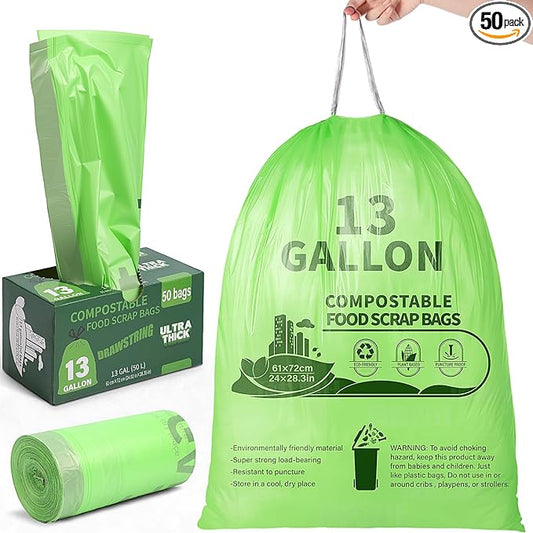 Amyhill 50 Count 13 Gallon Compostable Trash Bags Drawstring Heavy Duty Extra Thick 1.58 Mil 49.2 Liter Garbage Bags 13 Gallon Tall Kitchen Food Scrap Waste for Home Bathroom Garbage, Green