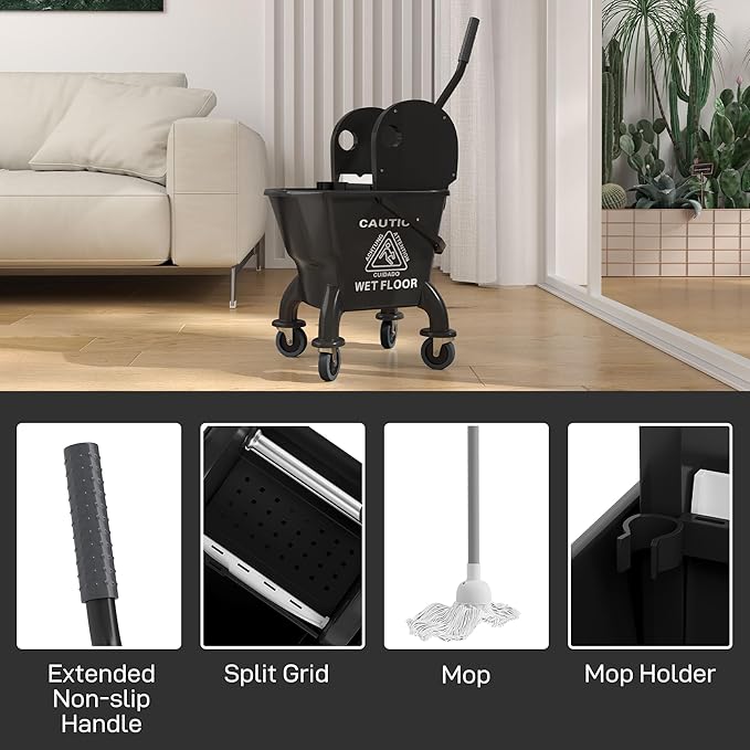 HOMCOM Mop Bucket with Wringer on Wheels for Floor Cleaning, 27.5 Quart Down Press Wringer with Handle and Mop, Black