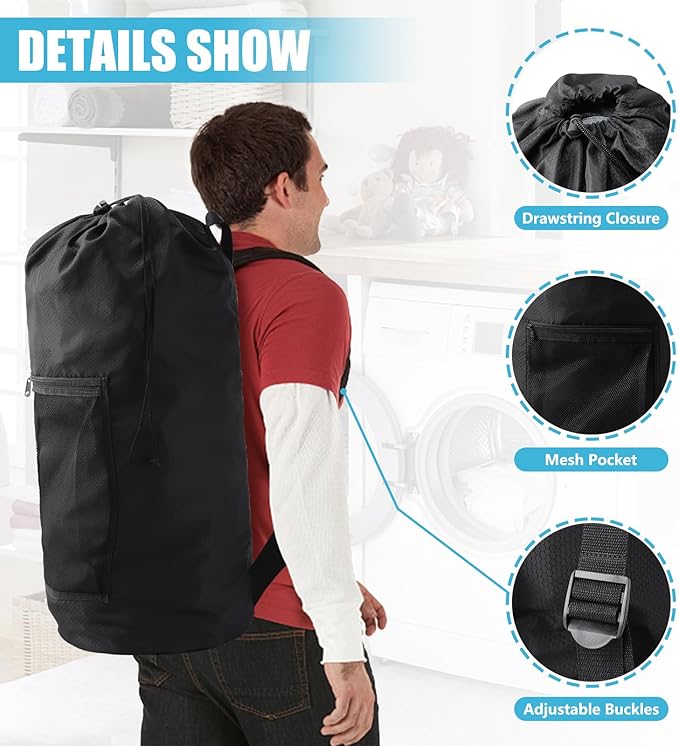 Laundry Bag Backpack,Olosar Extra Large Travel Laundry Bag with Mesh Pocket & Adjustable Shoulder Straps,Dirty Clothes Travel Bag for College Students Dorm,Apartment(Black)