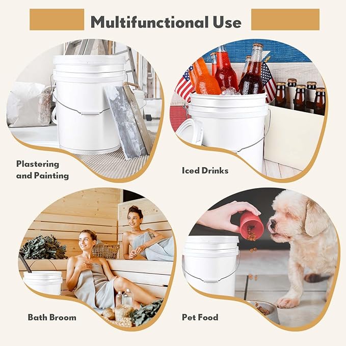 4 Pack 5 Gallon Plastic Bucket with Airtight Lid for Food Storage Heavy Duty Reusable White Bucket Pail Container with Metal Handles and Plastic Grip, with 2 Pcs Red Lid Opener
